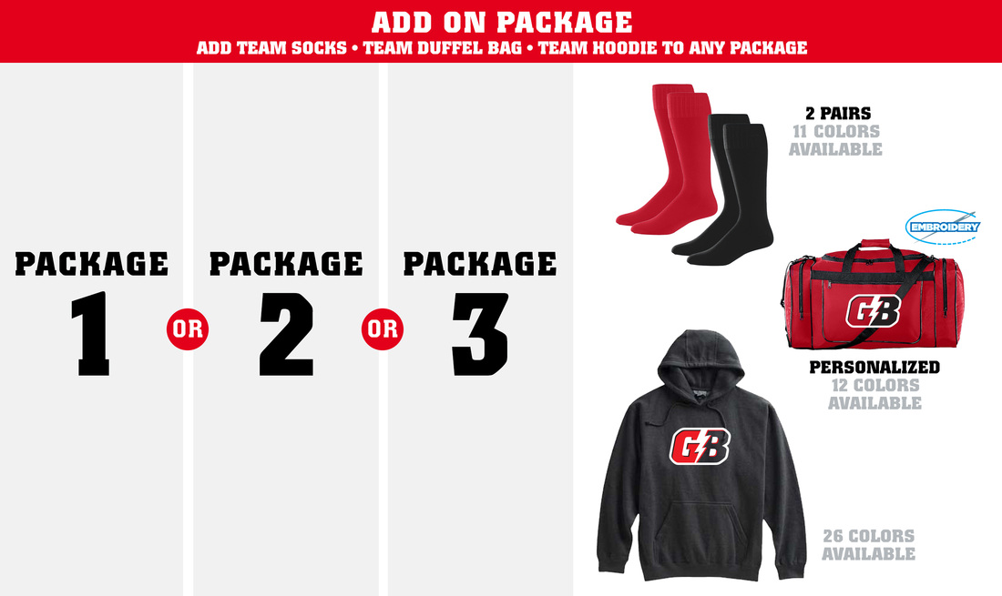 Add team socks, team duffel bag, or team hoodie to any package